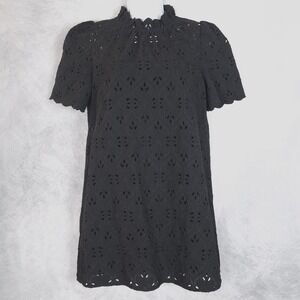 Sézane Dress Womens 6 Black Eyelet Lace High Neck Puff Sleeve Shift Mini Lined